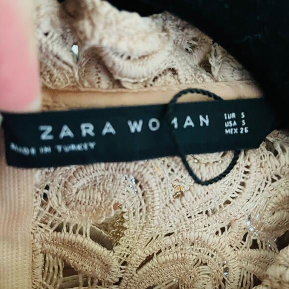 ZARA Lace Floral Sleeveless Ruffle Structured Midi Dress Blush Pink Size Small - Picture 6 of 8